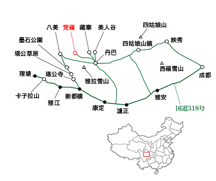 四川省・成都賽窄巷子、塔嶺村、葫芦海への登山道、葫芦海周辺の略地図