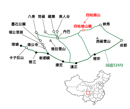 四川省・長坪溝、枯樹灘、四姑娘山鎮から大本営ベースキャンプへ、大峰山頂周辺の略地図